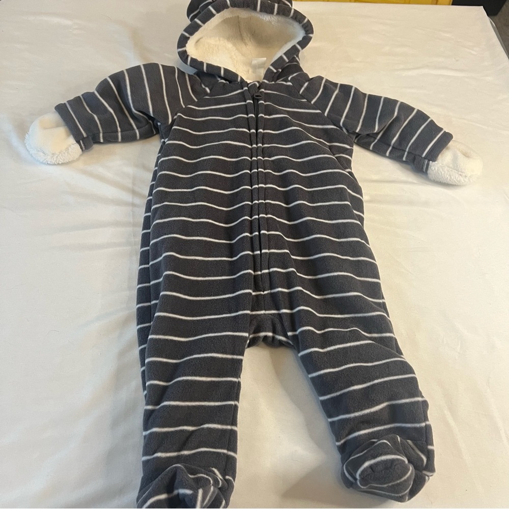 NWT Baby Fleece Bunting Snowsuit Hood Sherpa Lined Winter One Piece Gray Stripe